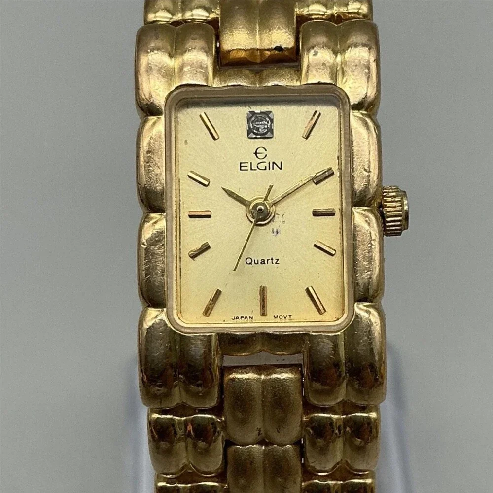 Vintage Elgin EM5253-017 Womens Watch 17mm Gold Tone Bracelet New Battery 7.25